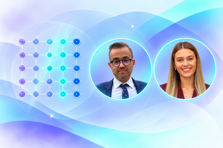 Matriz 5x5 de diagnóstico em cibersegurança, acompanhada pelos retratos dos dinamizadores Filipe Pinto e Patrícia Campos.