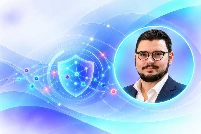 Retrato de Fábio Ribeiro junto a uma representação abstrata de proteção e análise em cibersegurança, com o logótipo WatchGuard.