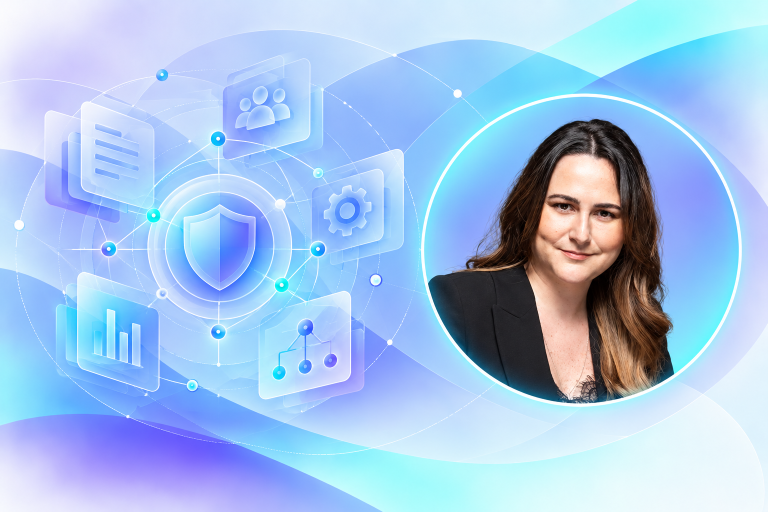 Retrato de Joana Mota Agostinho acompanhado por uma representação abstrata de cibersegurança, regulação, risco digital e tomada de decisão.